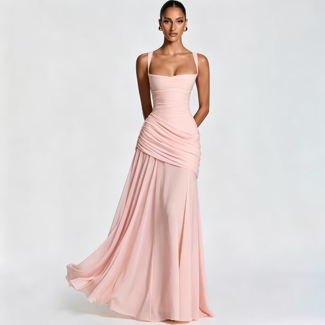 Solid-color sleeveless fitted-waist flared slip dress